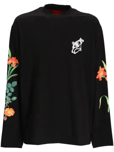 Hugo Floral-print Cotton Sweatshirt In Schwarz