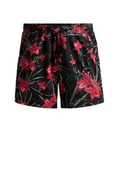 Hugo Fully Lined Swim Shorts With Seasonal Print In Black