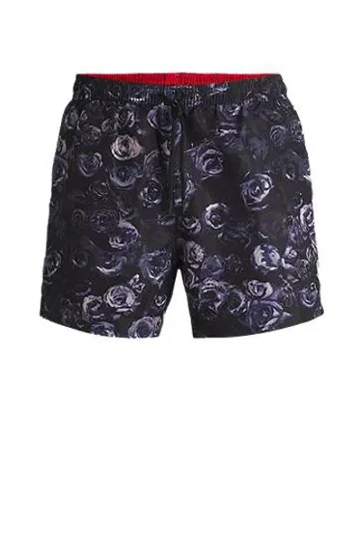 Hugo Fully Lined Swim Shorts With Seasonal Print In Black