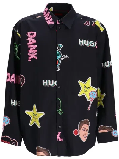 Hugo Graphic Print Cotton Shirt In Black