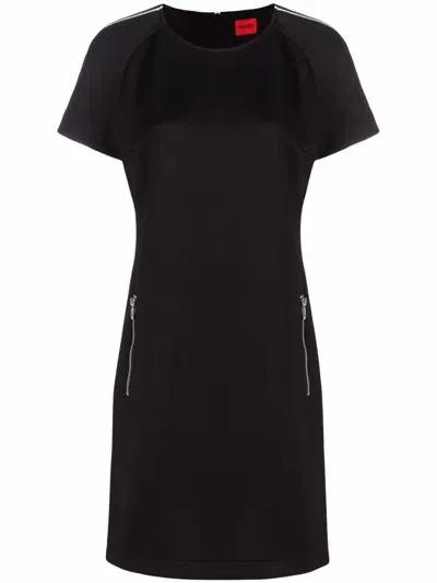 Hugo Knitted Logo-trim Shift Dress In Black