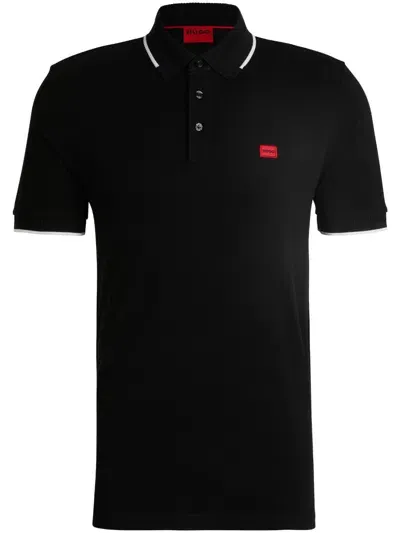 Hugo Cotton-piqu Slim-fit Polo Shirt With Red Logo Label In Black