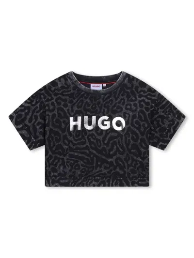 Hugo Kids' Logo-print Cropped T-shirt In Black