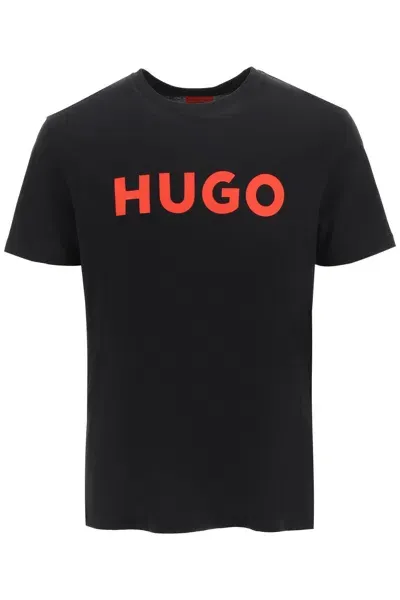 Hugo Cotton-jersey Regular-fit T-shirt With Contrast Logo In Black