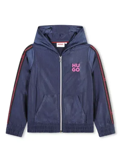 Hugo Kids' Logo-print Velvet Hoodie In Blue