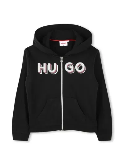 Hugo Kids' Logo-print Zip-up Hoodie In Black