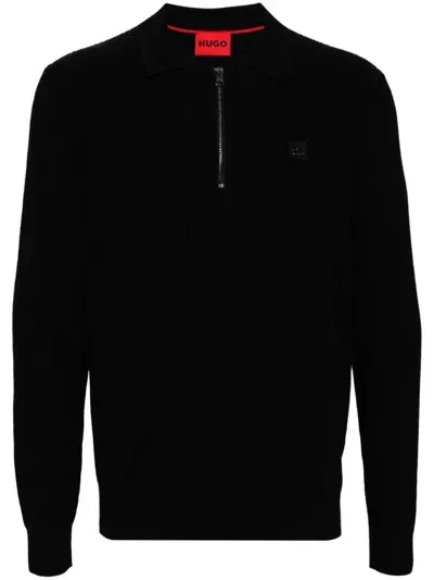 Hugo Zip-neck Polo Sweater With Stacked-logo Badge In Black