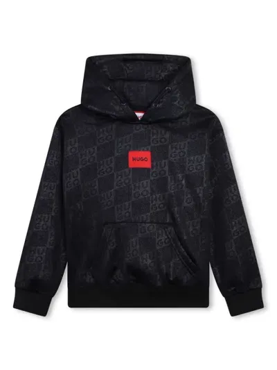 Hugo Kids' Monogram-pattern Hoodie In Black