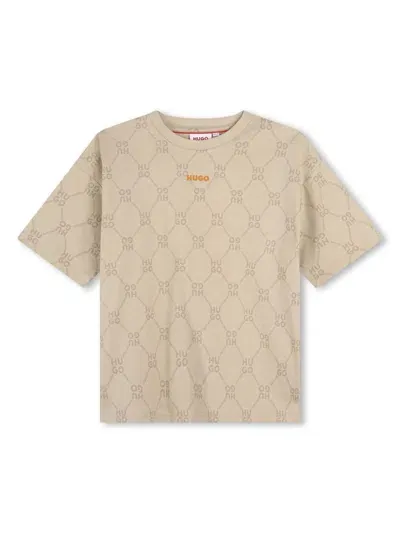 Hugo Kids' Monogram-print Cotton T-shirt In Neutrals