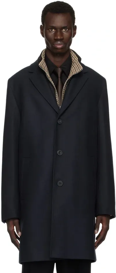 Hugo Navy & Black Layered Coat In 405-dark Blue