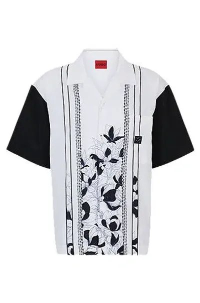 Hugo Oversized-fit Cotton Shirt With Floral And Chain Print In White