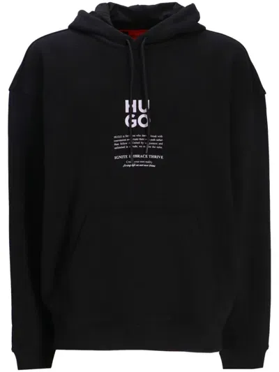 Hugo Printed Cotton Hoodie In Black