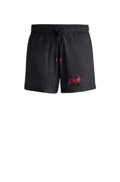 Hugo Quick-dry Swim Shorts With Stacked-logo Print In 黑色