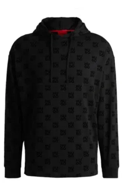 Hugo Relaxed-fit Hoodie With Flock-print Stacked Logos In Black