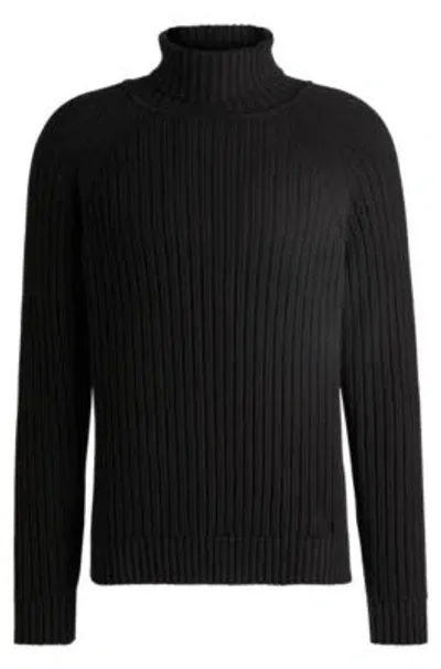 Hugo Rollneck Relaxed-fit Sweater In Ribbed Cotton In Black