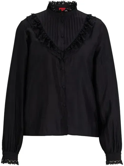 Hugo Ruffled Edging Silky Blouse In Black