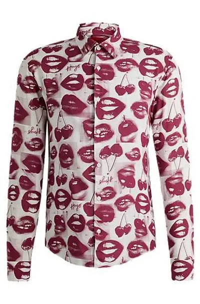 Hugo Slim-fit Shirt With Seasonal Print In Cherries