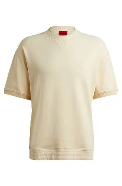 Hugo Stretch-cotton T-shirt With Stacked Logo And Ribbed Cuffs In Light Beige