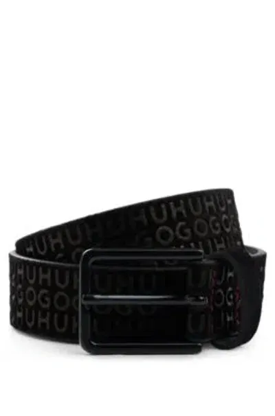 Hugo Suede Belt With Repeat Logos In Black