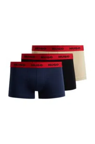 Hugo Three-pack Of Stretch-cotton Trunks With Logo Waistbands In Patterned