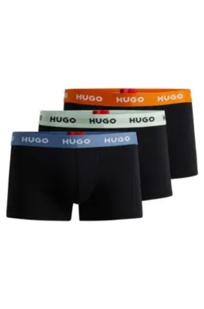 Hugo Three-pack Of Stretch-cotton Trunks With Logo Waistbands In Patterned