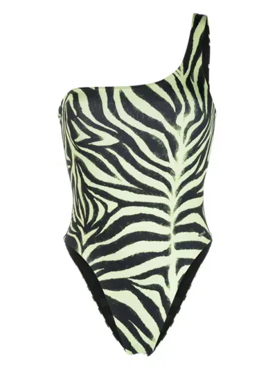 Hugo Zebra-print One-shoulder Swimsuit In Green