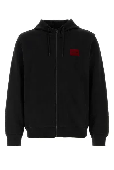 Hugo Zipped Drawstring Hoodie In Black