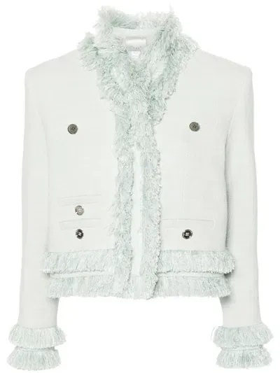 Huishan Zhang Green Fringed Tweed Jacket In Blue