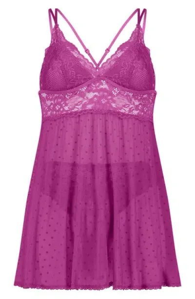 Hunkemoller Hunkemöller Lace Trim Mesh Dot Babydoll Chemise In Festival Fuchsia