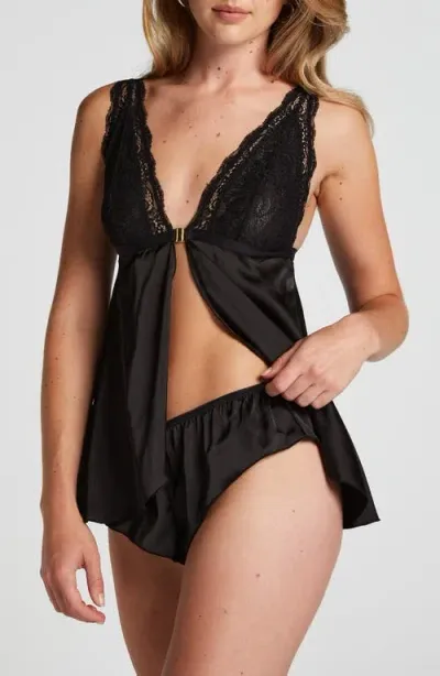 Hunkemoller Hunkemöller Mariah Lace Trim Satin Short Pajamas In Black