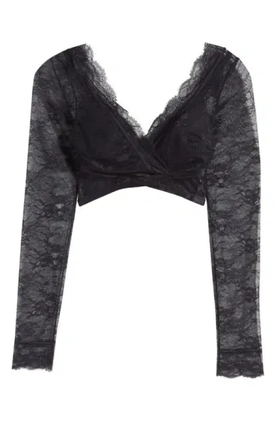 Hunkemoller Molly Lace Long Sleeve Crop Top In Caviar