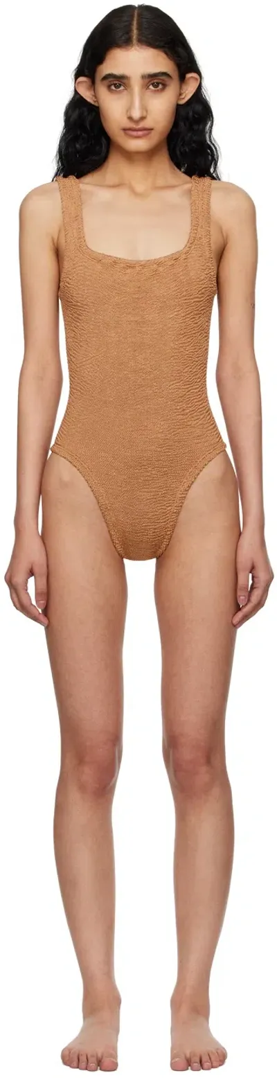 Hunza G Brown Square Neck Swimsuit In Metallic Cocoa