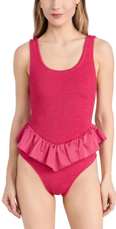 Hunza G Denise Frill Swim Metallic Crinkle One Piece Metallic Raspberry