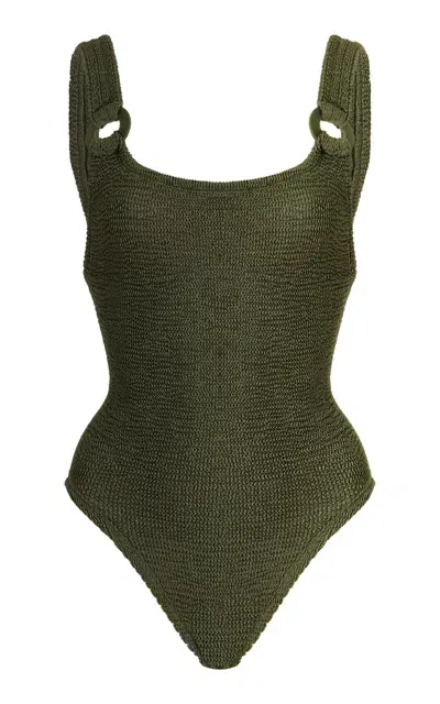 Hunza G Domino Ring-detailed Seersucker One-piece Swimsuit In Metallic Khaki