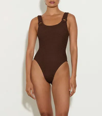 Hunza G Domino Swim With Tonal Hoops In Metallic Chocolate