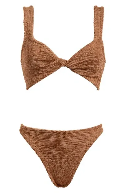 Hunza G Juno Crinkle Twist Two-piece Swimsuit In Metallic Cocoa