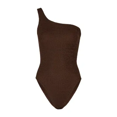 Hunza G Nancy One-shoulder Seersucker Swimsuit In Brown