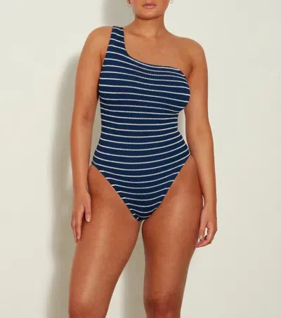 Hunza G + Net Sustain Nancy One-shoulder Striped Seersucker Swimsuit In Navy/white