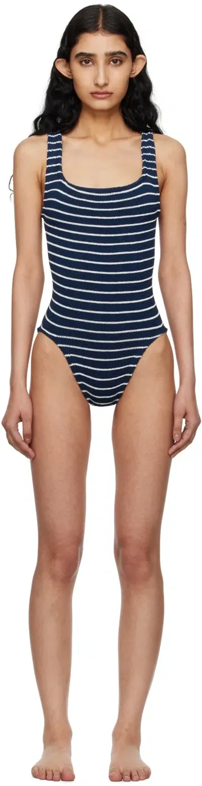 Hunza G Navy & White Square Neck Swimsuit In Navy/white