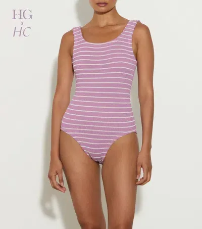 Hunza G X Helena Christensen Square Neck | One Size Swimwear |  In Lavender/white