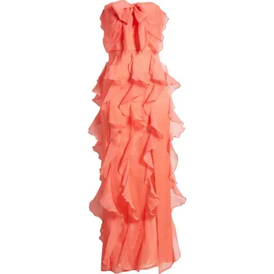 Hutch Allover Ruffle Strapless Gown In Coral