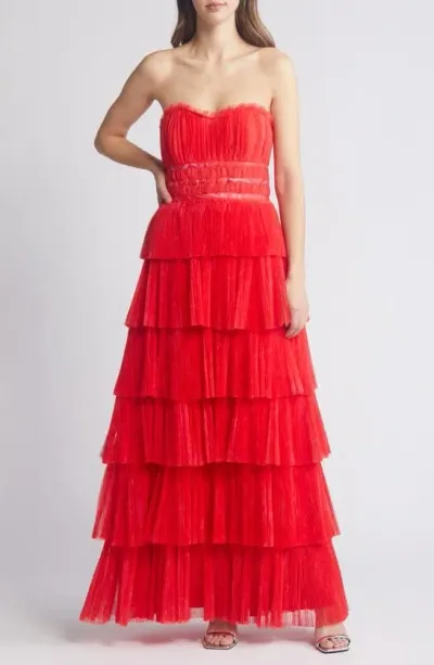 Hutch Women's Evi Tulle Ruffled Strapless Gown In Red Romantic