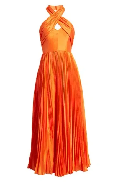 Hutch Pleated Crossover Halter Gown In Orange