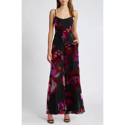 Hutch Sonnie Floral Velvet Burnout Strapless Jumpsuit In Black Romantic Watercolor Floral