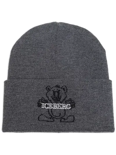 Iceberg Logo-embroidered Wool Beanie In Grey