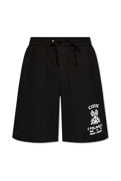 Iceberg Logo Printed Drawstring Shorts In Black