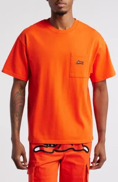 Icecream Embroidered Cotton Graphic Pocket T-shirt In Spicy Orange