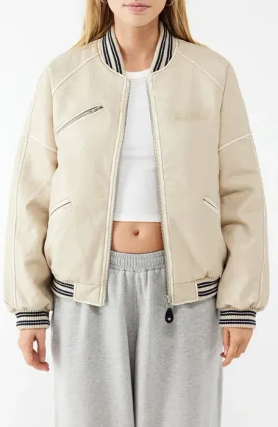 Iets Frans Varsity Faux Leather Bomber Jacket In Cream