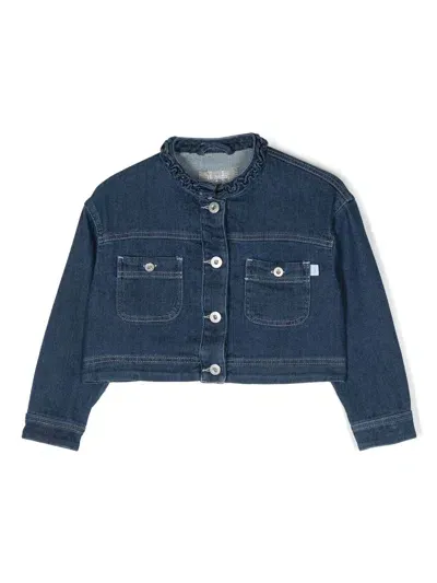 Il Gufo Kids' Ruffle Collar Denim Jacket In Blue