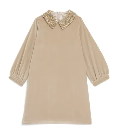 Il Gufo Kids' Velvet Embellished-collar Dress In Beige